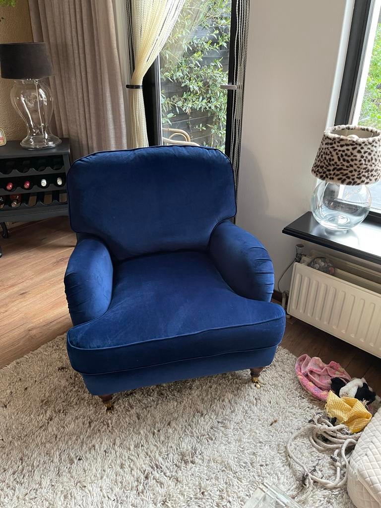 Fauteuil koningsblauw fluweel, recent opnieuw bekleed!, Huis en Inrichting, Fauteuils, Ophalen, Zo goed als nieuw, Stof, 75 tot 100 cm