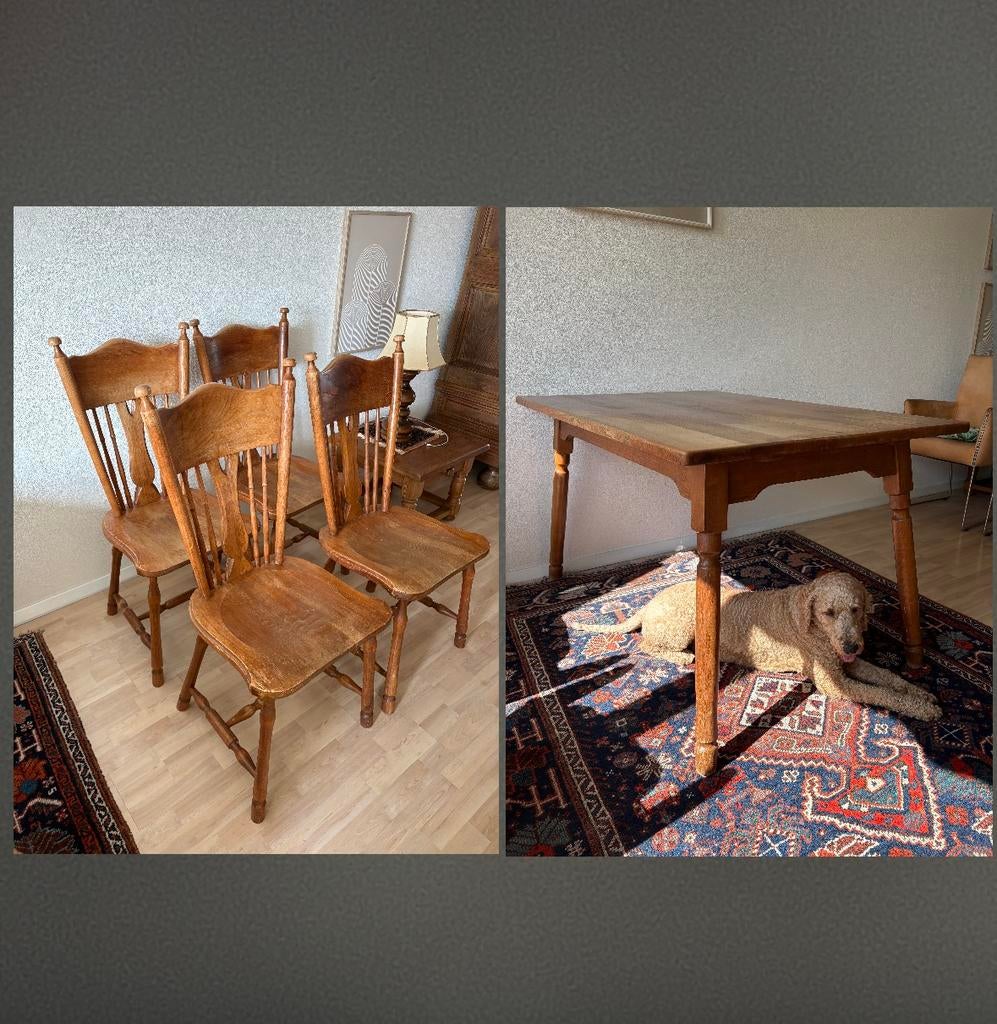 Eiken Vintage keukenstoelen en tafel jaren 60, Ophalen