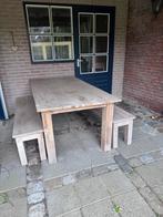 Houten tuintafel met twee tuinbankjes, Ophalen, Gebruikt, Rechthoekig, Hout