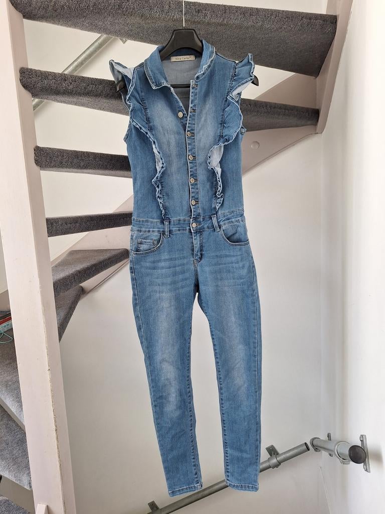 Nina Carter denim jumpsuit met ruches - Maat 38, Maat 38/40 (M), Blauw, Ophalen of Verzenden, Nina Carter