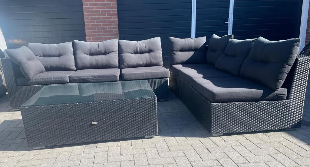Bellagio loungeset hoekbank met zwarte kussens, 5 zitplaatsen, Gebruikt, Bank, Ophalen of Verzenden