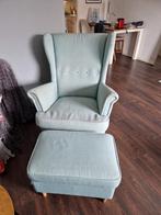 Lichtblauwe fauteuil met voetenbank, Ophalen, Gebruikt, 75 tot 100 cm, 50 tot 75 cm