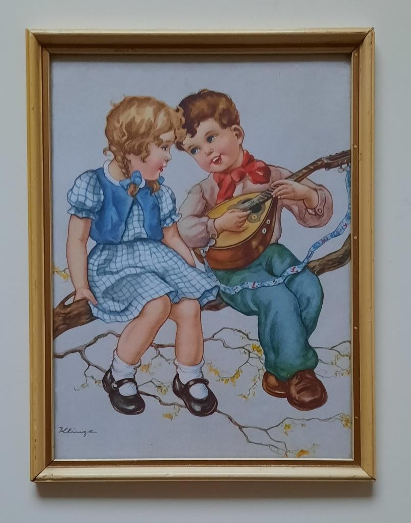 Vintage lijstje " jongen en meisje ", Ophalen of Verzenden