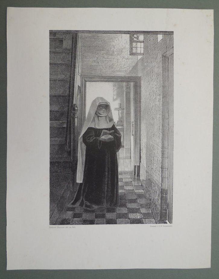 Lezende non bij een trap Litho / steendruk Richard Burnier, Antiek en Kunst, Kunst | Litho's en Zeefdrukken, Verzenden