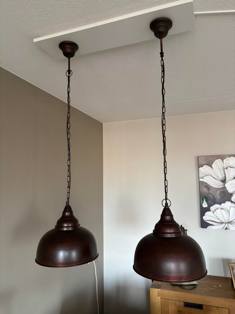 2x Bronzen Hanglampen - Industrieel Design, Ophalen of Verzenden, Zo goed als nieuw, Metaal, Minder dan 50 cm