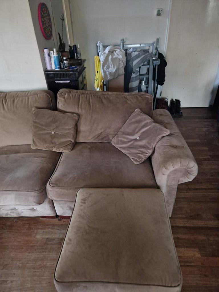 Hoekbank lichtbruin. 350 x100 cm. Hoek 175 cm, Ophalen, Gebruikt, 300 cm of meer, 75 tot 100 cm