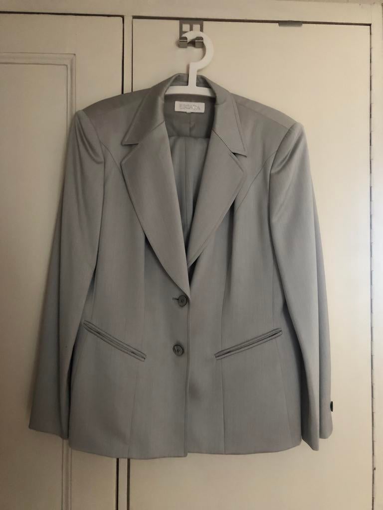 Prachtig zijden pak Escada, Kostuum of Pak, Maat 42/44 (L), Ophalen of Verzenden, Grijs