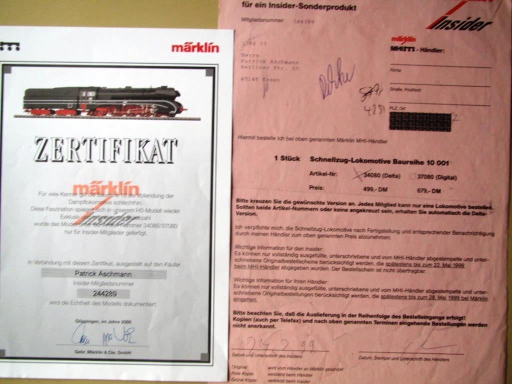 Märklin certificaat voor 34080 stoomlok BR 10, Hobby en Vrije tijd, Modeltreinen | H0, Wisselstroom, Gebruikt, Märklin, Boek, Tijdschrift of Catalogus