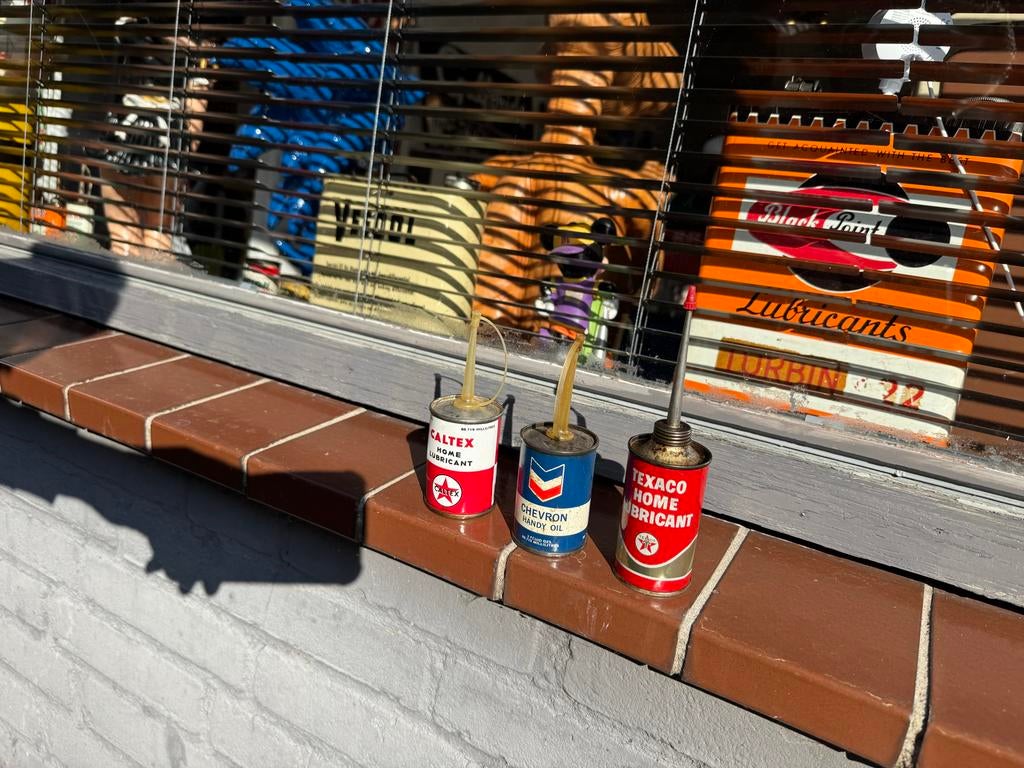 Vintage olieblikjes: Caltex, Chevron, Texaco (set van 3), Verzamelen, Gebruikt, Gebruiksvoorwerp, ., Ophalen of Verzenden