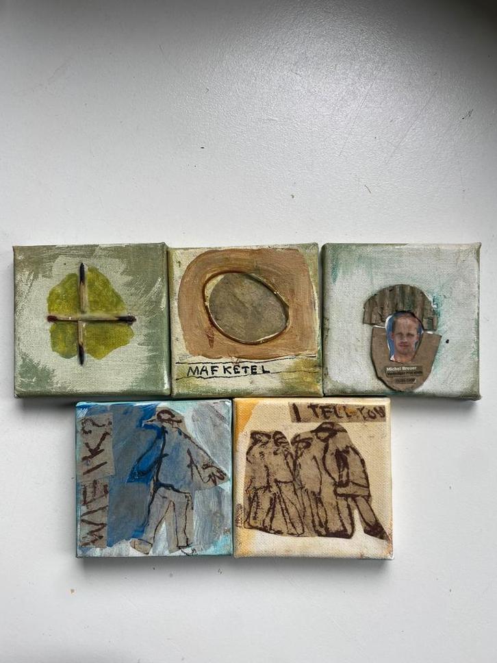 5 kleine collages/schilderijtjes leo de jong, Antiek en Kunst, Kunst | Schilderijen | Modern, Ophalen of Verzenden