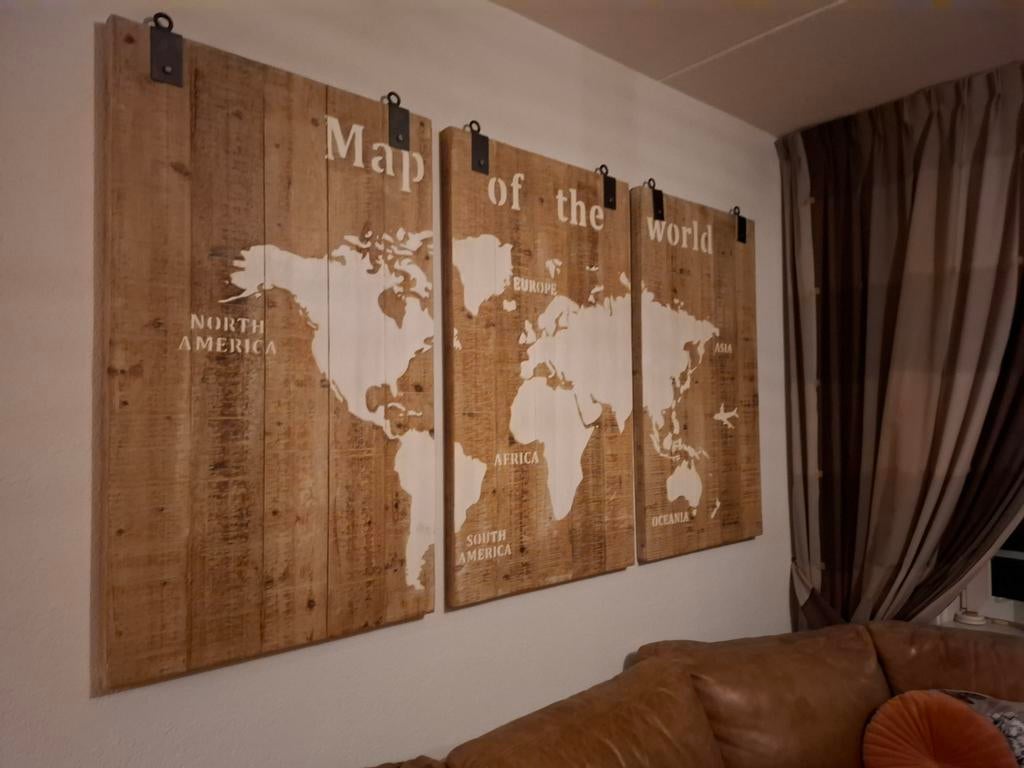 Drieluik Houten Wereldkaart -, Huis en Inrichting, Woonaccessoires | Wanddecoraties, Ophalen, Gebruikt, Hout, Meerkleurig