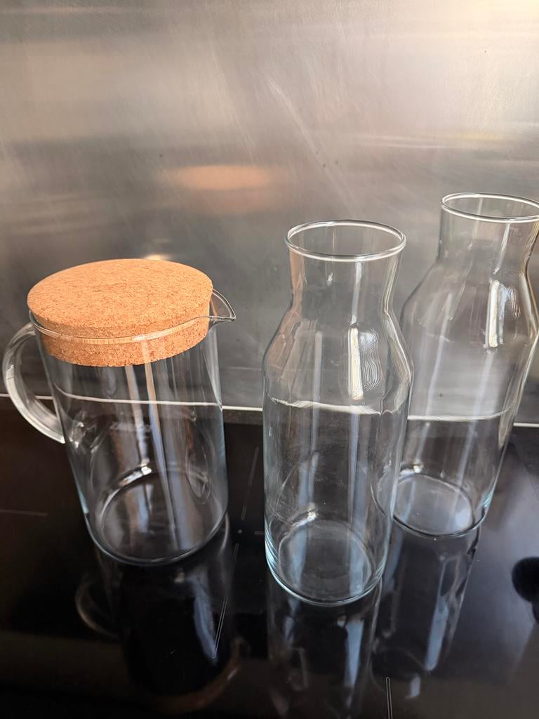 IKEA Glazen Karaf met Kurk en 2 Flessen 1L, IKEA, Ophalen of Verzenden, Zo goed als nieuw, Glas