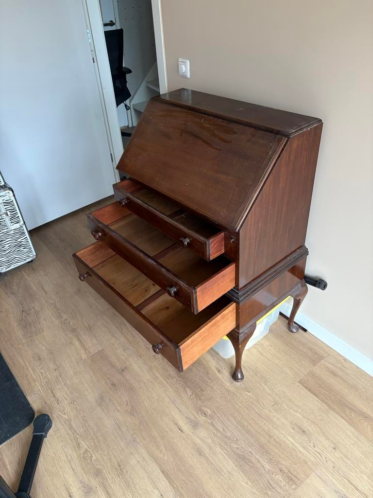 Unieke Handgemaakte Engelse Secretaire ,Mahonie ,Met Sleutel, Ophalen