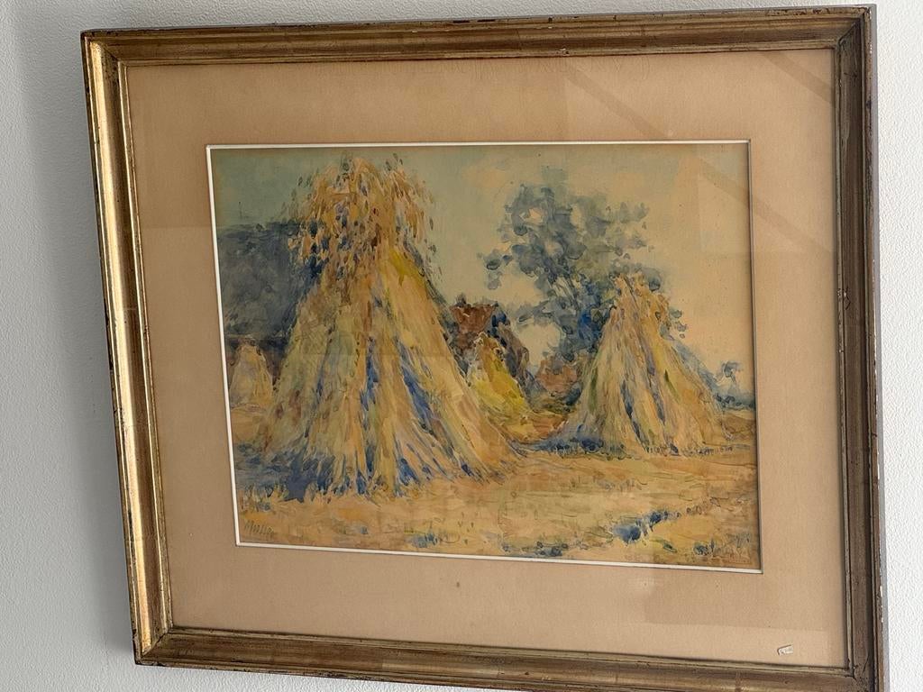 Aquarel van Gerard Müller - Boerderij met Hooimijten, Ophalen of Verzenden