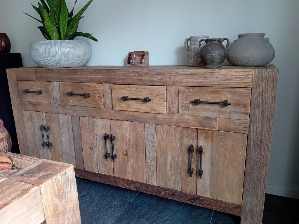 Robuust houten dressoir - 100 cm hoog, 210 cm breed, Huis en Inrichting, Kasten | Dressoirs, Overige houtsoorten, Landelijk, Industrieel, Robuust
