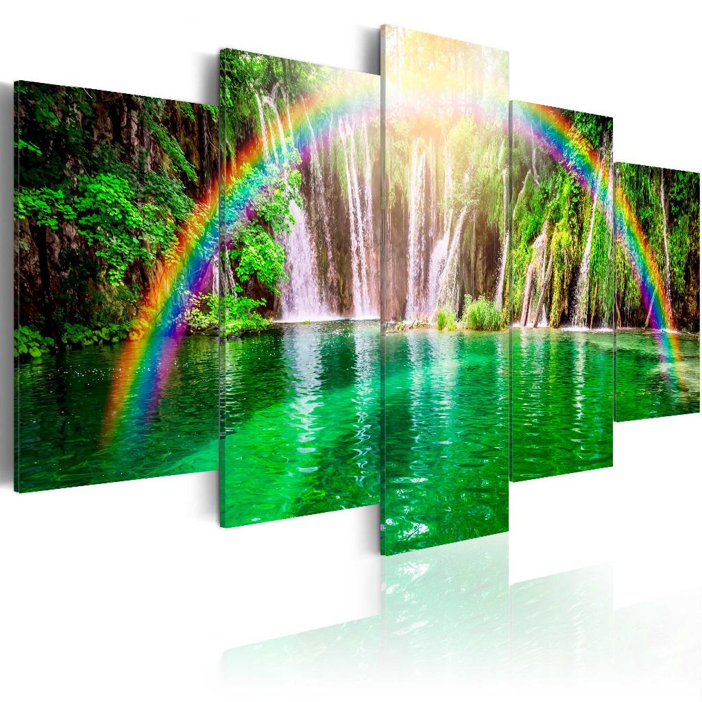49 Paradijs Waterval Regenboog 5 Luik Canvas Schilderij XXL, Nieuw, 125 cm of meer, Ophalen of Verzenden, Schilderij