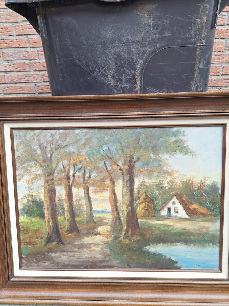 Schilderij met landschap en boerderij - lijst beschadigd, Ophalen of Verzenden