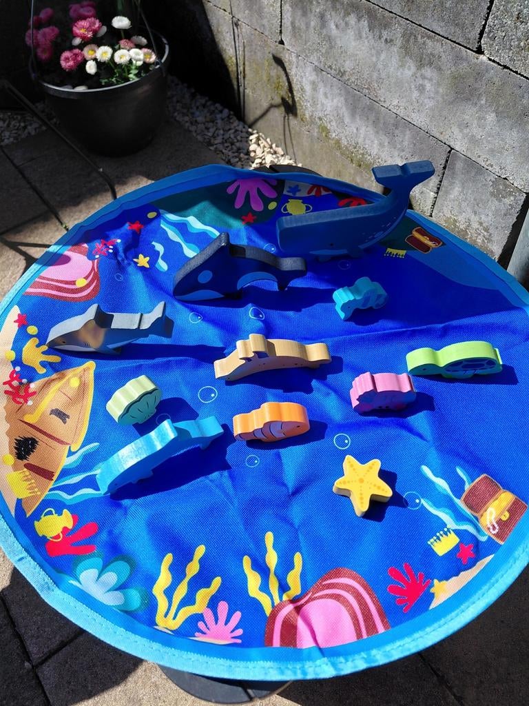 NIEUWSTAAT Houten vissen schilpad met speelkleed de Zee, Ophalen of Verzenden, Zo goed als nieuw, Overige typen