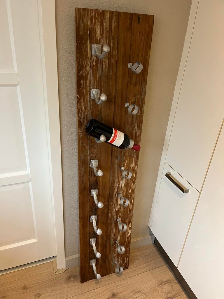 Wijnrek van stoer hout, hangend model, Huis en Inrichting, Woonaccessoires | Wijnrekken, Ophalen, Gebruikt, 5 tot 15 flessen, 75 cm of meer