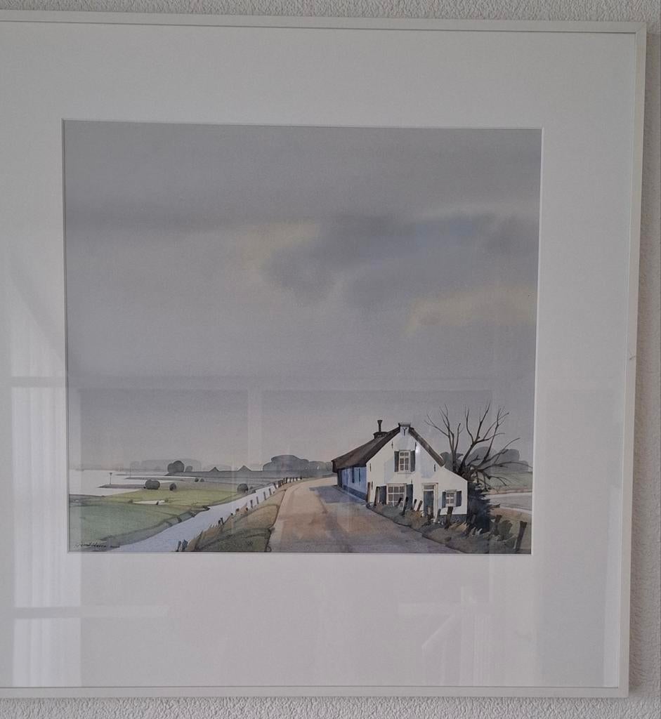Aquarel van landschap met huis en water, Antiek en Kunst, Kunst | Schilderijen | Klassiek, Ophalen of Verzenden