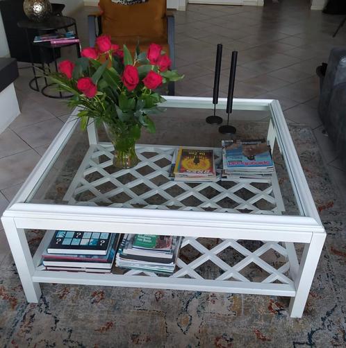 Salontafel + bijzettafel kersenhout/glas, Huis en Inrichting, Tafels | Salontafels, Zo goed als nieuw, Minder dan 50 cm, Vierkant
