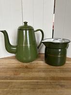 Vintage groene emaille theepot en melkkan, Ophalen of Verzenden