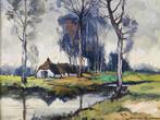 Jos van Dijk (1931-2000) -Boerderijen in landschap met sloot, Antiek en Kunst, Ophalen of Verzenden