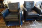 2 Zwart leren fauteuils met Hocker, Huis en Inrichting, Ophalen, Gebruikt, Minder dan 75 cm, Leer