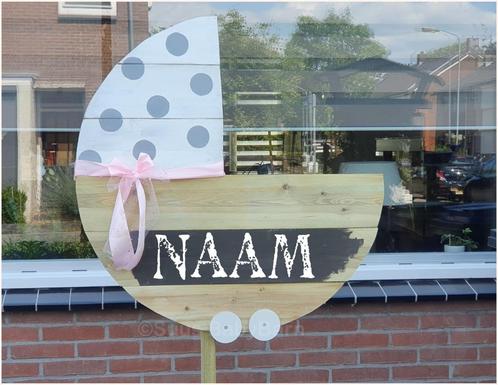 Geboortebord Grote Kinderwagen met Roze Strik en Naambord, Kinderen en Baby's, Kraamcadeaus en Geboorteborden, Nieuw, Geboortebord