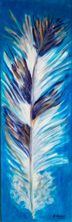 ‘Witte veer op blauw’ , 40x 90 cm, Antiek en Kunst, Ophalen of Verzenden
