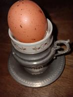 Tinnen kopje met schoteltje.
Met inzet porcelein., Ophalen of Verzenden