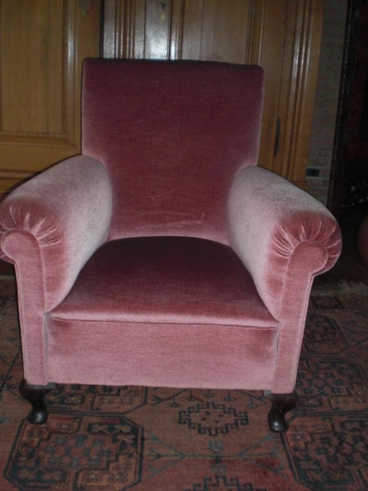 Antieke fauteuil oud roze opnieuw gestoffeerd queen anne, Huis en Inrichting, Fauteuils, Zo goed als nieuw, Stof, 50 tot 75 cm