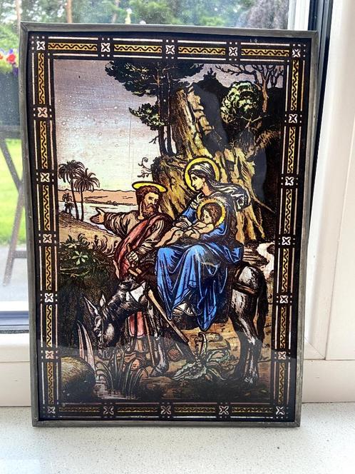 Gebrandschilderd glas in lood Jezus Maria vlucht naar Egypte, Antiek en Kunst, Antiek | Religie, Ophalen of Verzenden