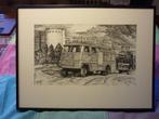 Mooie zeefdruk van oude DAF brandweerauto bij Bavariafabriek, Antiek en Kunst, Ophalen of Verzenden