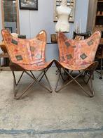 Vintage leren vlinder stoel met fraaie print., Huis en Inrichting, Stoelen, Ophalen of Verzenden