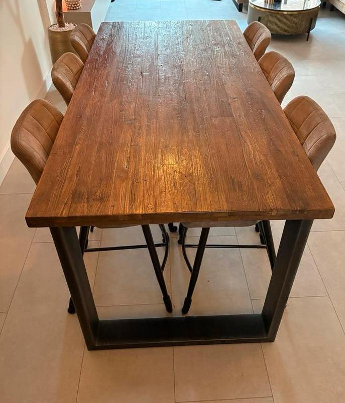 Hoge Eettafel met 6 Taupe Krukken, Huis en Inrichting, Tafels | Eettafels, Zo goed als nieuw, 50 tot 100 cm, 150 tot 200 cm, Rechthoekig