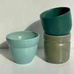 3 groene retro BLOEMPOTTEN keramiek porselein Scandinavisch, Tuin en Terras, Bloempotten, Gebruikt, Rond, Binnen, Ophalen of Verzenden