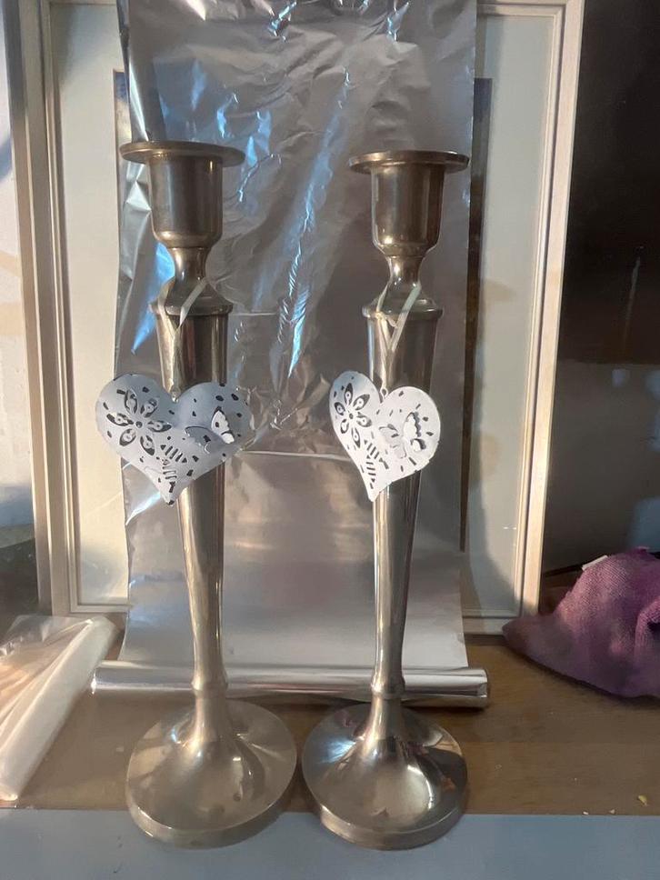 Verzilverde Kandelaren - Set van 2, Huis en Inrichting, Woonaccessoires | Kandelaars en Kaarsen, Gebruikt, Kandelaar, Minder dan 25 cm