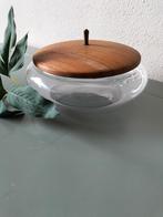 Retro glazen koektrommel jaren 60, hout met koperen knop., Ophalen of Verzenden, Zo goed als nieuw