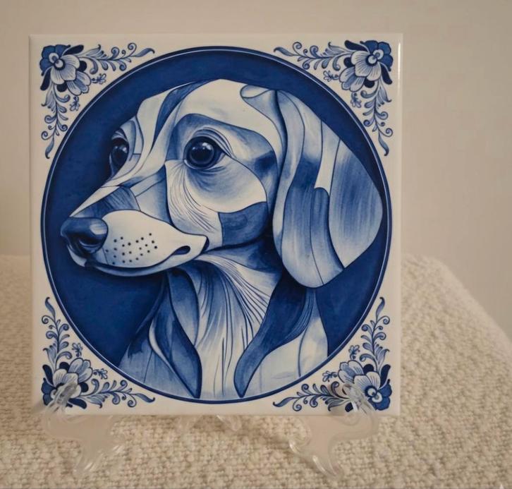 Teckel Tegel - Delfts Blauw Stijl - 15x15 cm, Antiek en Kunst, Antiek | Wandborden en Tegels, Verzenden