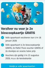 Pathe 2e bioscoopkaartje gratis. € 2,- pst, Tickets en Kaartjes, Twee personen, Kortingskaart