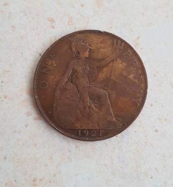 One penny, 1921, munt, antiek, Brits, King George. beschikbaar voor biedingen