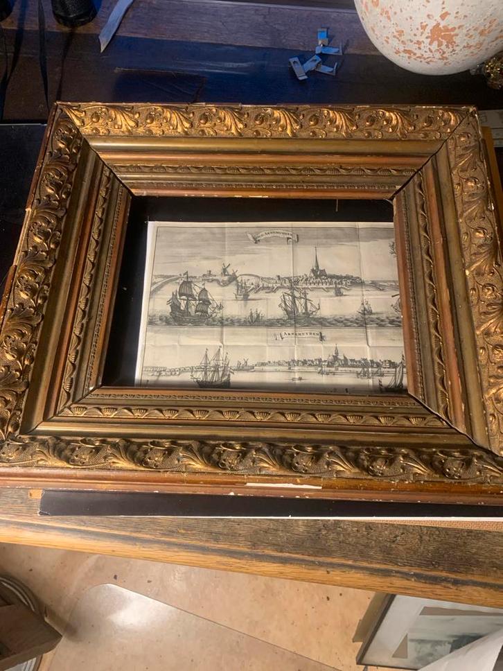 Oude prent in vergulde lijst, Antiek en Kunst, Kunst | Etsen en Gravures, Ophalen of Verzenden