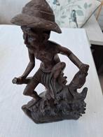 Teak Houten handgesneden snijwerk visser, Ophalen of Verzenden