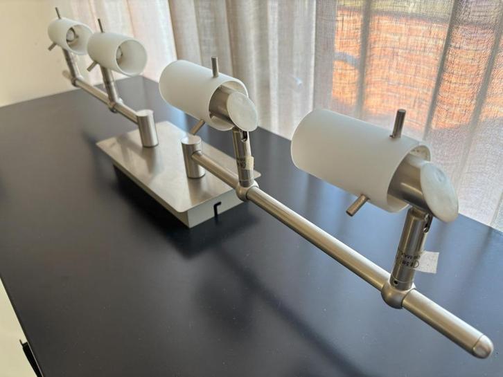 Naxos mat nikkel plafondlamp met 4 spots witglas, Huis en Inrichting, Lampen | Plafondlampen, Zo goed als nieuw, Glas, Metaal