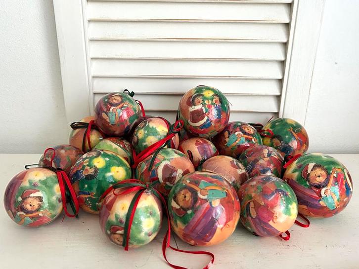 Vintage papier mache kerstballen met egel kerst decor 6/8 cm, Diversen, Kerst, Ophalen
