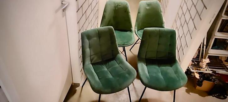 Comfort in Diepgroen Design set van 4 stoelen., Huis en Inrichting, Stoelen, Gebruikt, Vier, Metaal, Stof, Overige materialen