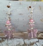 Nieuwe écht zilveren oorbellen met roze swarovski vlinders, Nieuw, Met kristal, Roze, Zilver