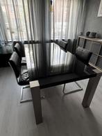 Eettafel hoogglans zwart met 4 lederen stoelen, Huis en Inrichting, Ophalen, Zo goed als nieuw, 4 tot 6 stoelen
