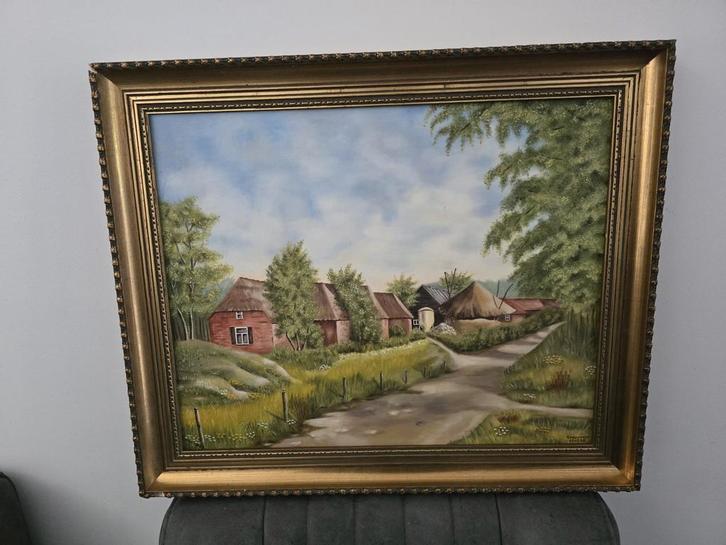 Schilderij landelijke boerderij in gouden brocante lijst., Antiek en Kunst, Kunst | Schilderijen | Klassiek, Ophalen of Verzenden